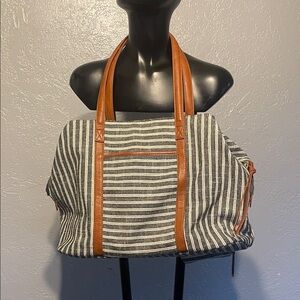 Madison West Black and White Striped Tote with Brown Handles
